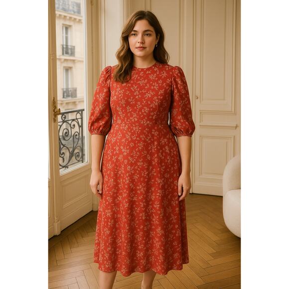 NWT Missguided High Neck Puff Sleeve Midi Dress Red Floral Size US 12 - Picture 1 of 15